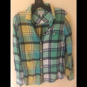 J Crew Green and yellow plaid flannel shirt.